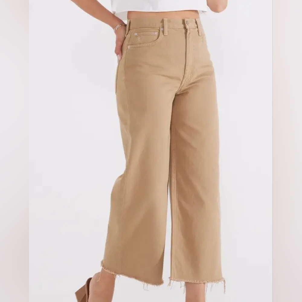 Etica Devon Wide Leg Denim Jeans High Waisted Crop Length Raw Hem Tan 28